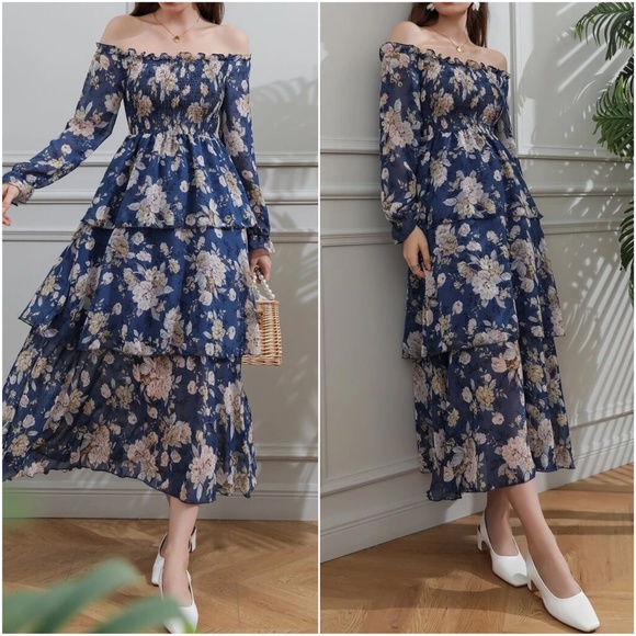 Boho Floral Print Off Shoulder Maxi Dress - Picture 6 of 7